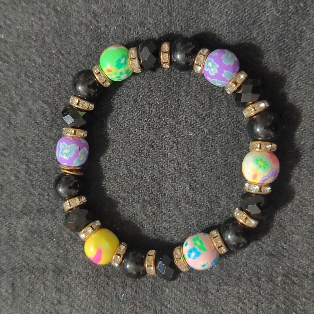 Gold Tone Clear Rhinestone Black and Pastel Beaded Stretchy Statement Bracelet